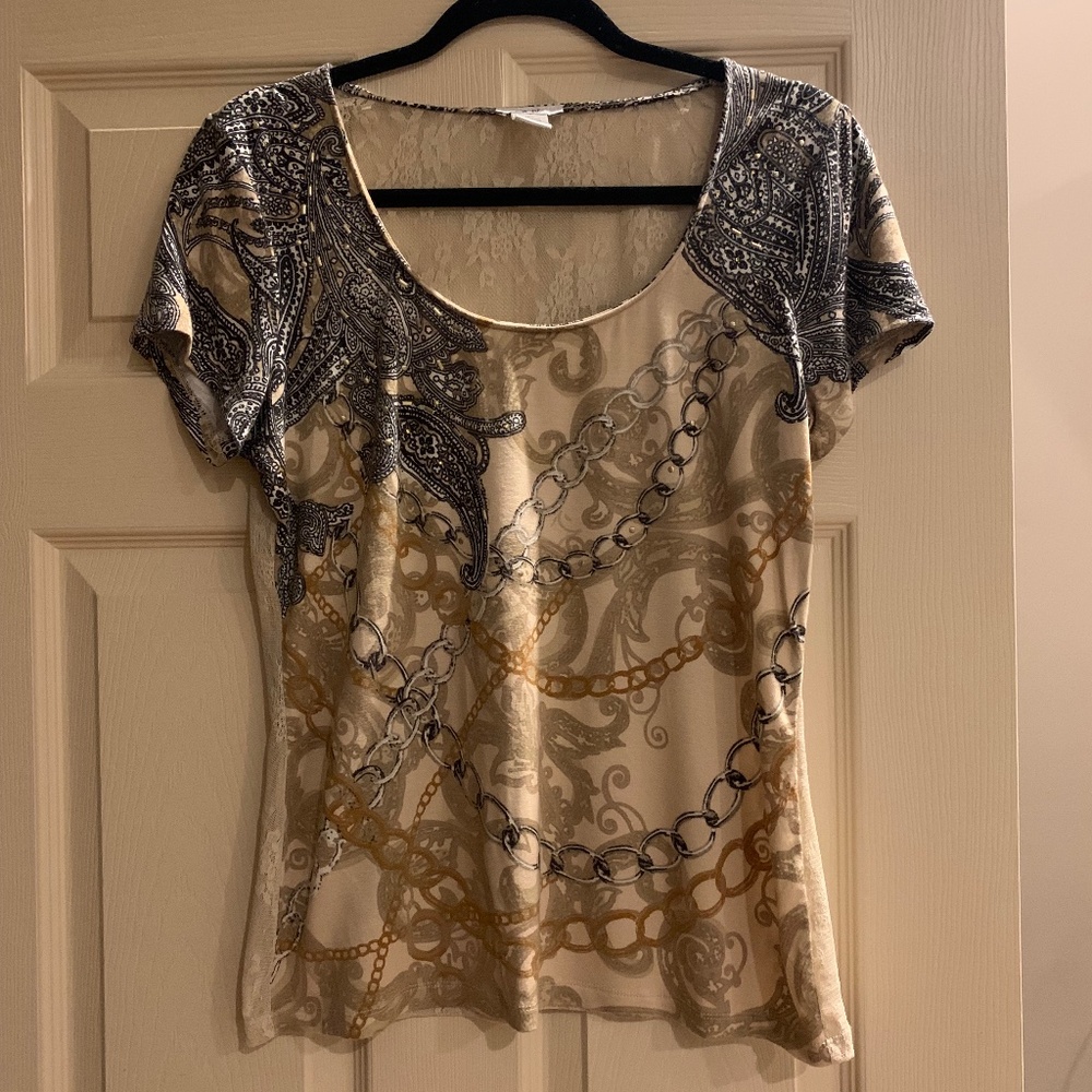 Cache Tan/Black Print Scoop Neck Top sz M